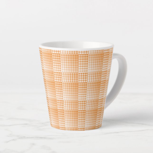 Orange White Chequered Abstract Pattern Latte Mug (Right Angle)
