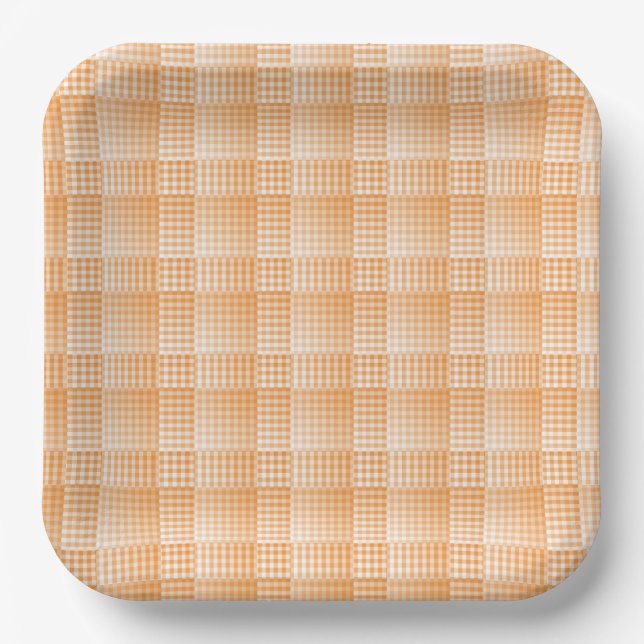 Orange White Chequered Abstract Pattern Paper Plate (Front)