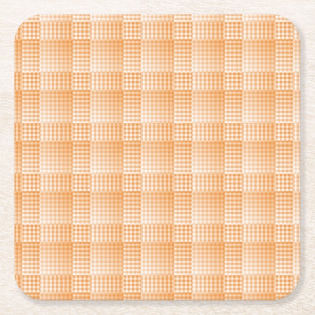 Orange White Chequered Abstract Pattern Square Paper Coaster (Front)