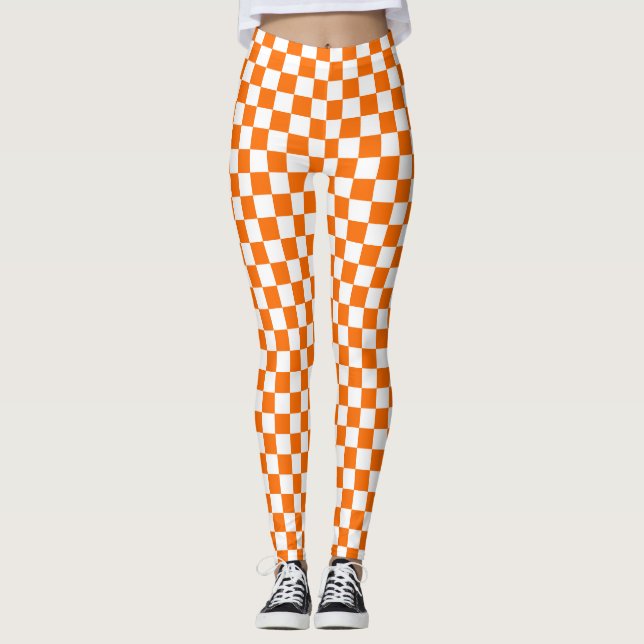 Orange White Chequered Check Pattern Leggings (Front)