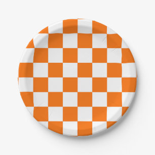 Orange White Chequered Check Pattern Paper Plate