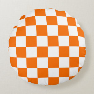Orange White Chequered Check Pattern Round Cushion