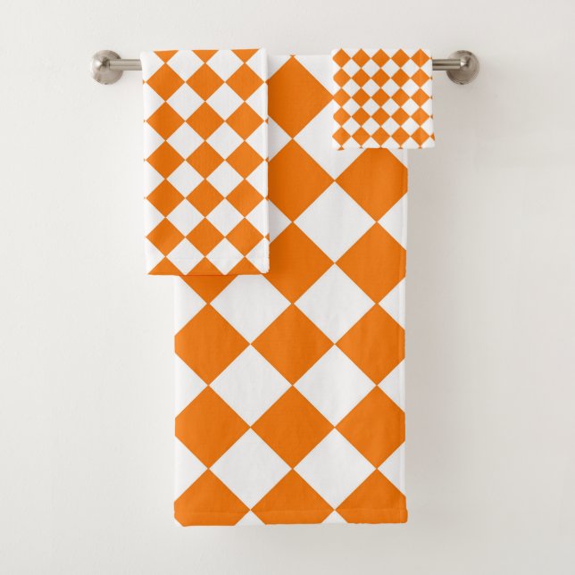 Orange White Chequered Diamond Pattern  Bath Towel Set (Insitu)
