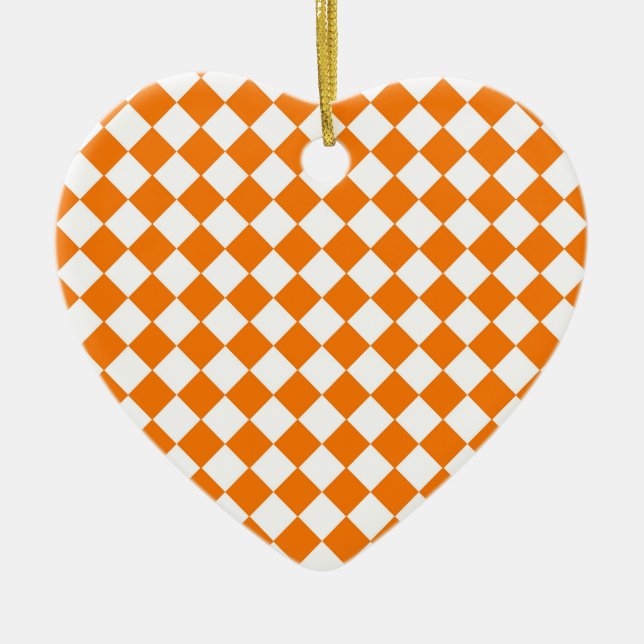Orange White Chequered Diamond Pattern Ceramic Tree Decoration (Front)