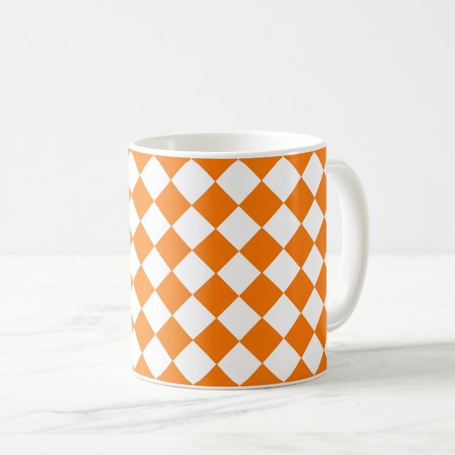 Orange White Chequered Diamond Pattern Coffee Mug (Front Right)