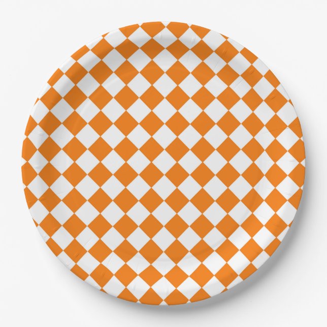 Orange White Chequered Diamond Pattern Paper Plate (Front)