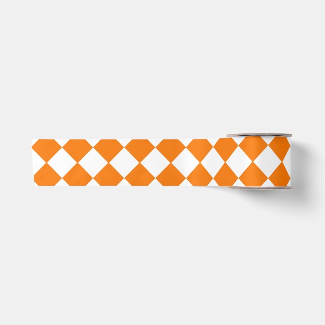 Orange White Chequered Diamond Pattern Satin Ribbon (Front)