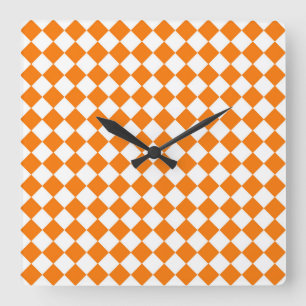 Orange White Chequered Diamond Pattern Square Wall Clock