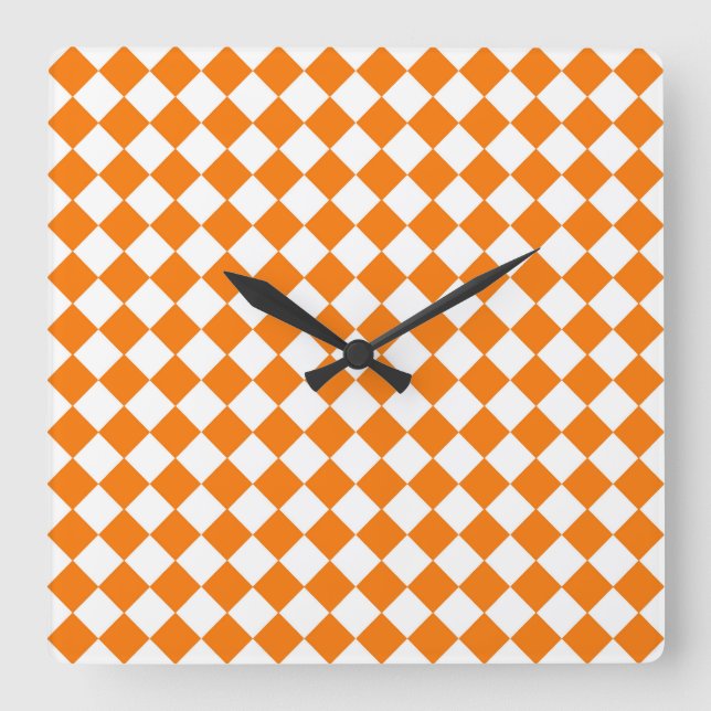 Orange White Chequered Diamond Pattern Square Wall Clock (Front)