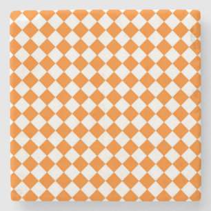 Orange White Chequered Diamond Pattern Stone Coaster