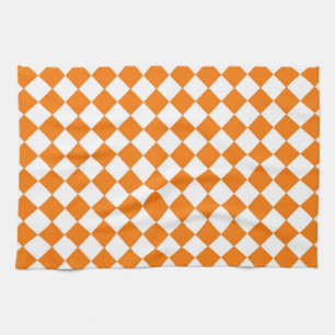 Orange White Chequered Diamond Pattern  Tea Towel
