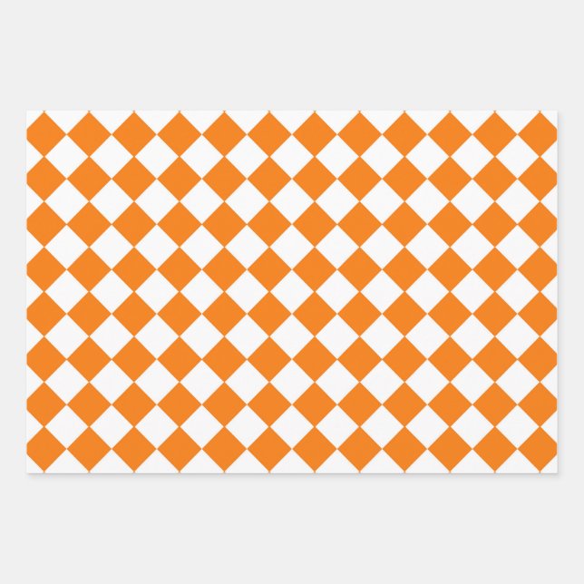 Orange White Chequered Diamond Pattern Wrapping Paper Sheet (Front)