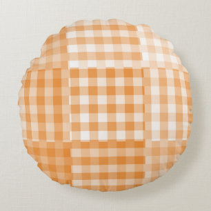 Orange White Chequered Patchwork Pattern Round Cushion