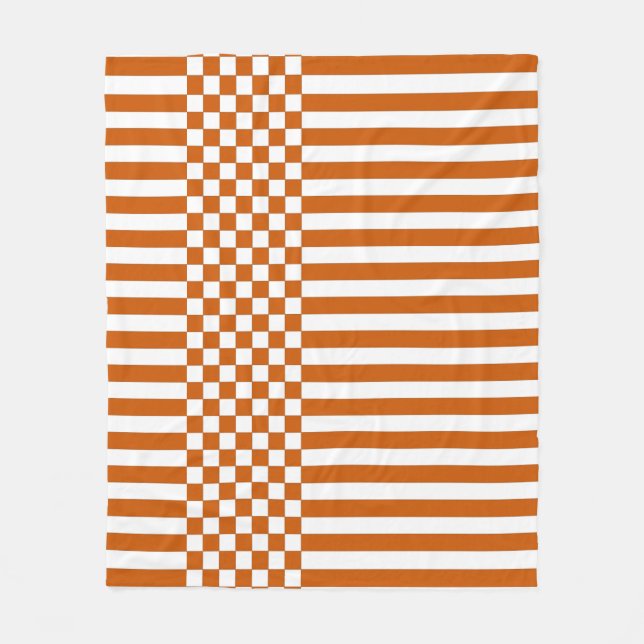 Orange & White Chequered & Stripes Repeat Pattern Fleece Blanket (Front)
