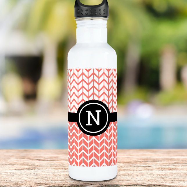Orange White Chevron Pattern Monogram Modern Bold  710 Ml Water Bottle (Creator Uploaded)