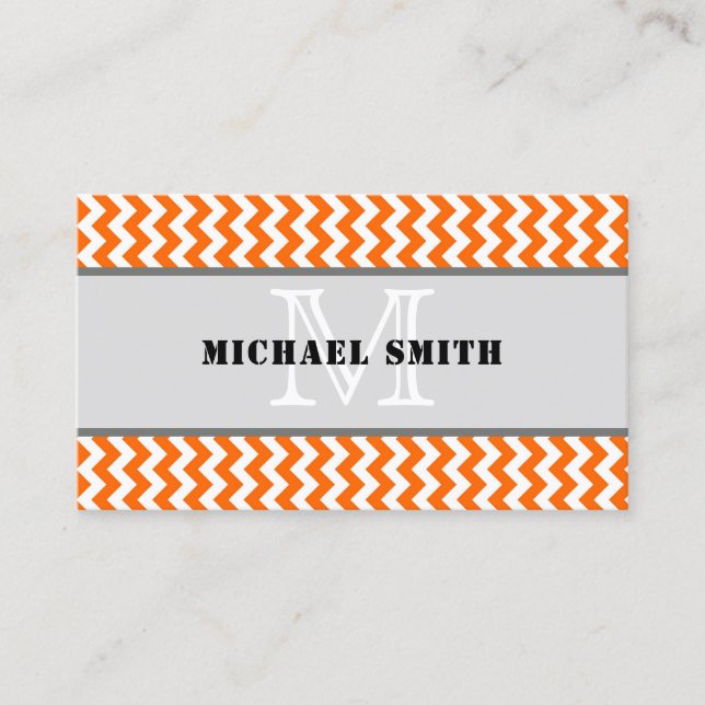 Orange White Chevron Zigzag Monogram Business Card (Front)