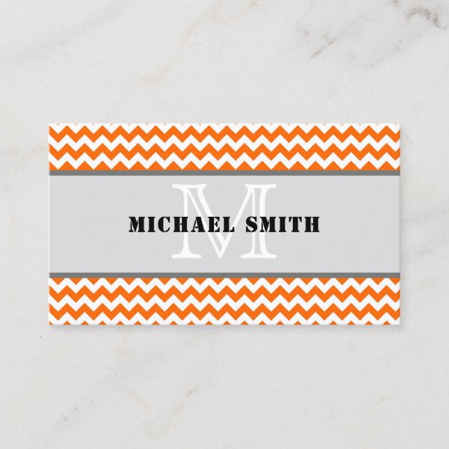Orange White Chevron Zigzag Monogram Business Card (Front)
