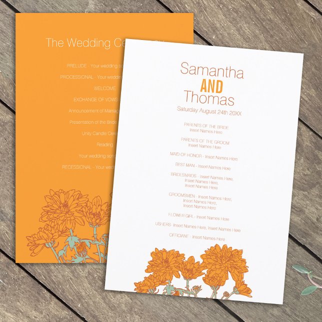 Orange white chrysanthemum wedding program programme (Creator Uploaded)