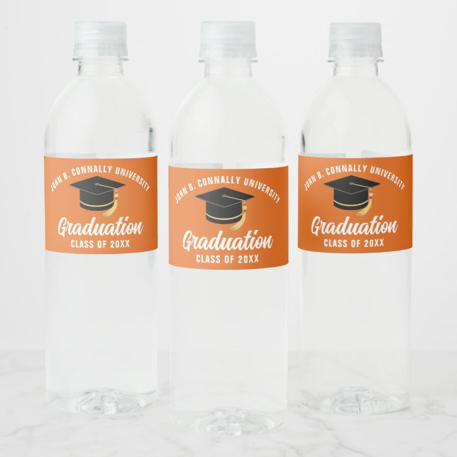 Orange White Custom School 2025 Graduation Party Water Bottle Label (Bottles)