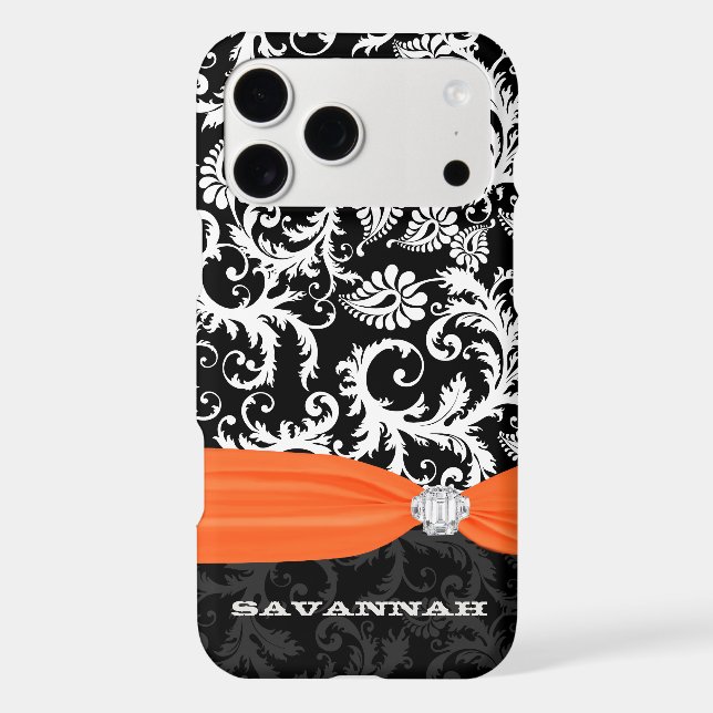 Orange &  White Damask Printed Faux Rhinestone (Back)