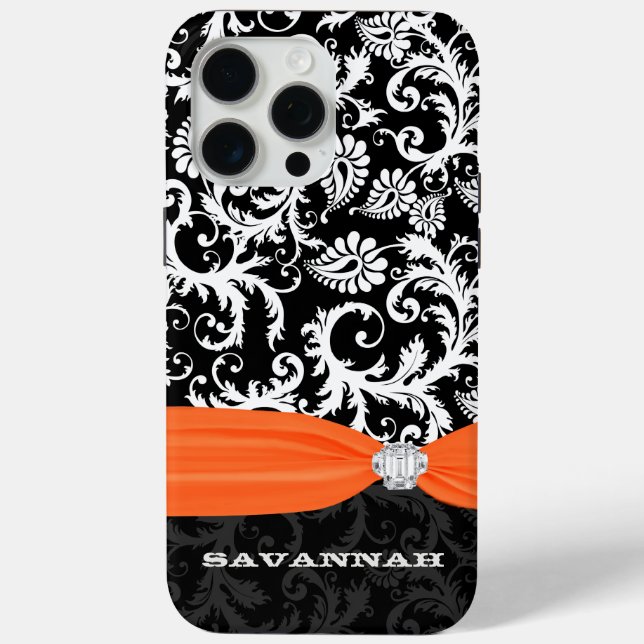 Orange &  White Damask Printed Faux Rhinestone Case-Mate iPhone Case (Back)