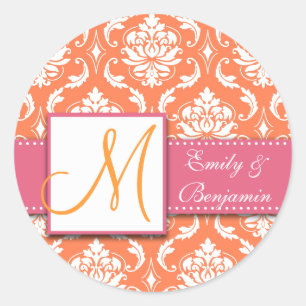 Orange White Damask Wedding Favour Sticker Pink