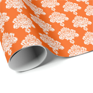 Orange   White Damask Wrapping Paper