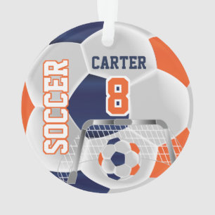 Orange, White & Dark Blue Personalise Soccer ⚽ Ornament