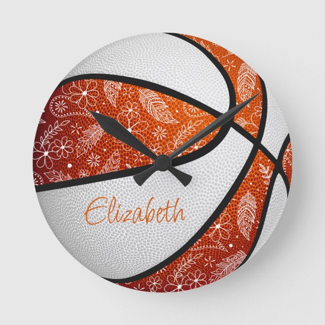 orange white feather paisley doodles basketball round clock (Front)