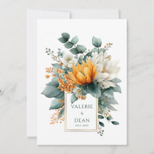 Orange White Floral Eucalyptus Gold Frame Invitation