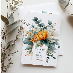 Orange White Floral Eucalyptus Gold Frame Invitation
