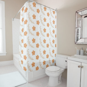 Orange White Floral Pattern Vintage Grandmillenial Shower Curtain