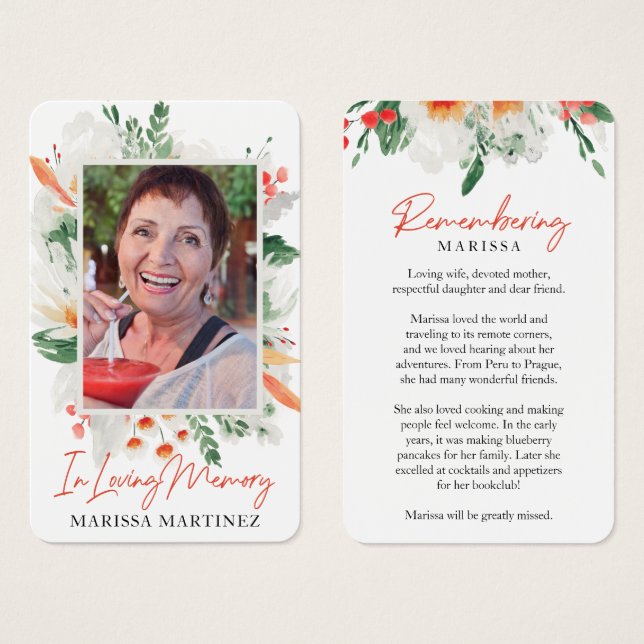 Orange White Floral Photo Funeral Prayer Cards (Front & Back)