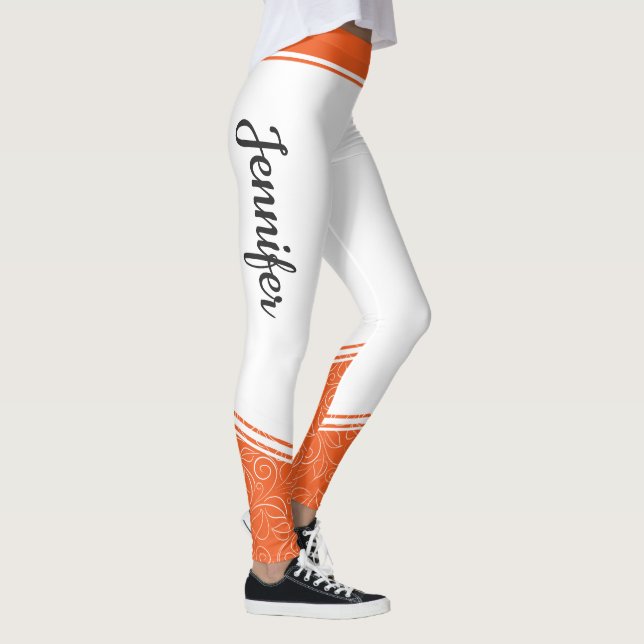 Orange & white floral white stripe and name modern leggings (Right)