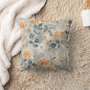 Orange White Flowers Blue Leaves Cushion
