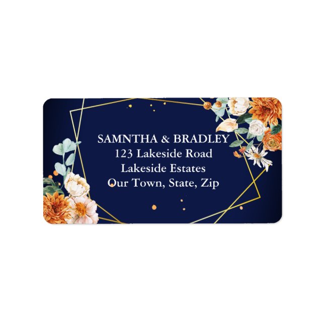 Orange white flowers navy blue  label (Front)