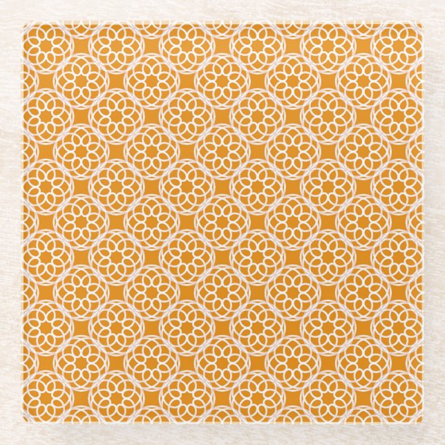 Orange White Geometric Seamless Pattern Glass Coaster (Front)