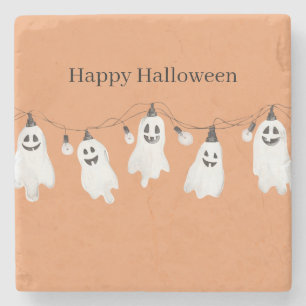 Orange White Ghosts Light Bulbs Halloween Stone Coaster