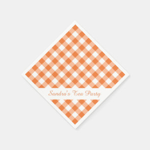 Orange White Gingham Pattern Personalised Party Napkin
