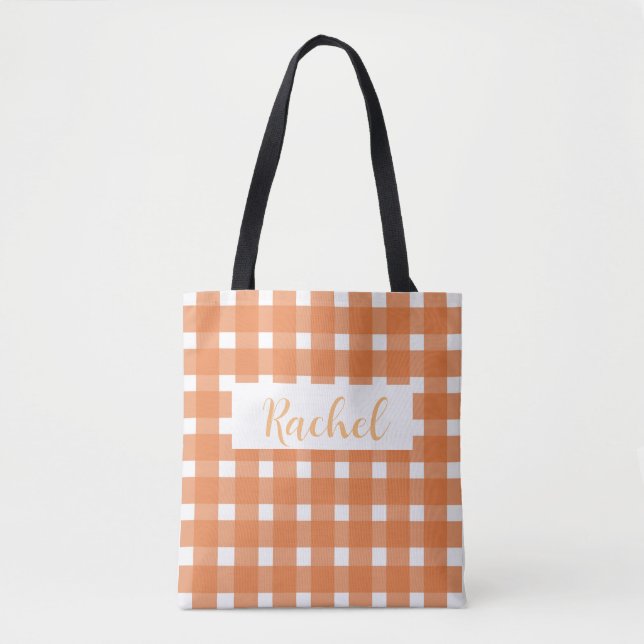 Orange White Gingham Personalised   Tote Bag (Front)