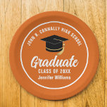 Orange White Graduate Custom 2024 Graduation Party Paper Plate<br><div class="desc">This modern orange and white custom graduation party paper plate features classy typography of your high school or college name for the class of 2024. Customise with your graduating year under the chic handwritten script and black grad cap for great personalised graduate decor.</div>