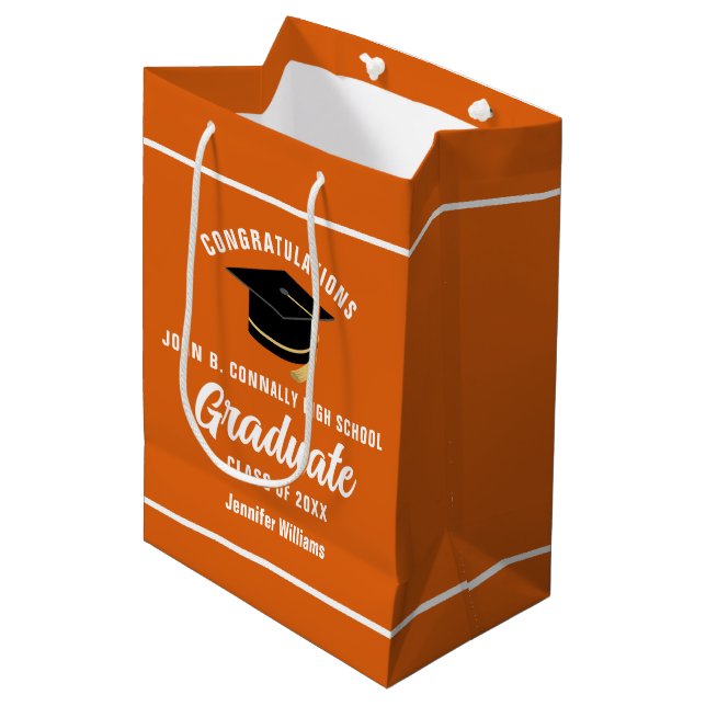 Orange White Graduate Custom 2025 Graduation Party Medium Gift Bag (Front Angled)