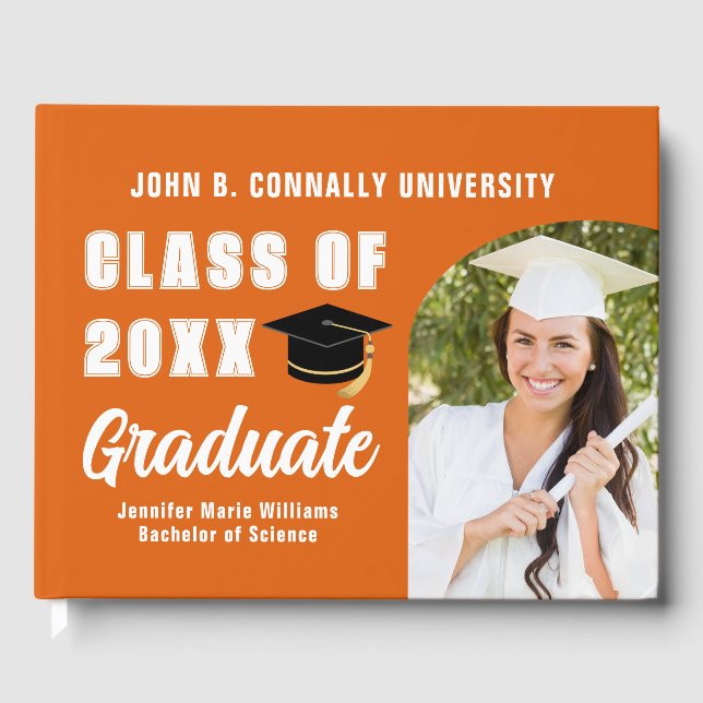 Orange White Graduate Photo Custom Graduation Guest Book (Front)