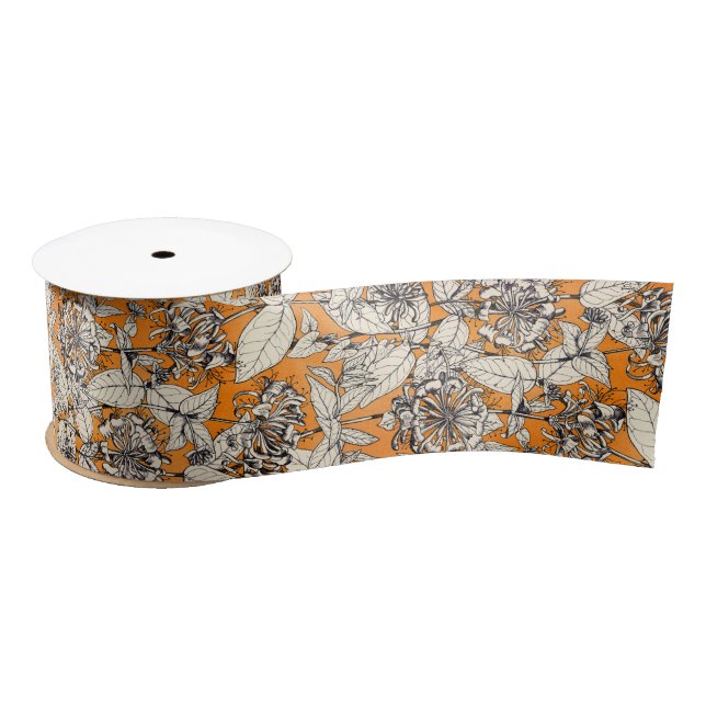 Orange White Graphic Flowers Pattern Satin Ribbon (Spool)