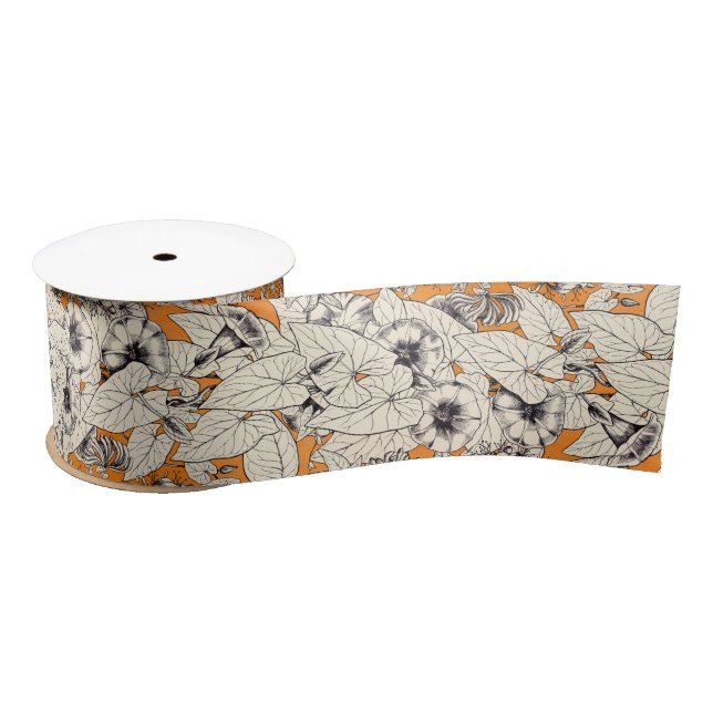 Orange White Graphic Flowers Pattern Satin Ribbon (Spool)