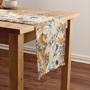 Orange White Graphic Flowers Pattern Short Table Runner