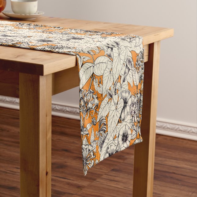 Orange White Graphic Flowers Pattern Short Table Runner (In Situ)