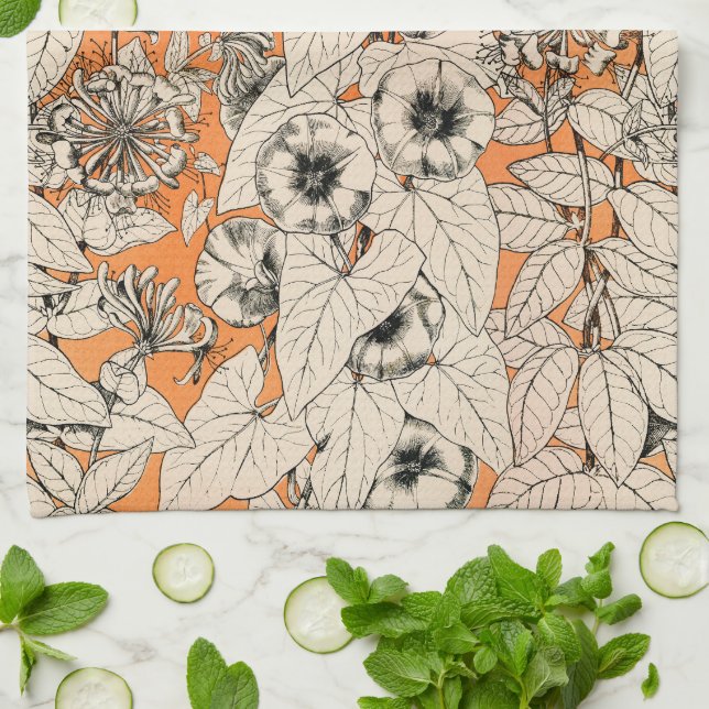 Orange White Graphic Flowers Pattern Tea Towel (Folded)