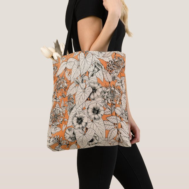 Orange White Graphic Flowers Pattern Tote Bag (Close Up)