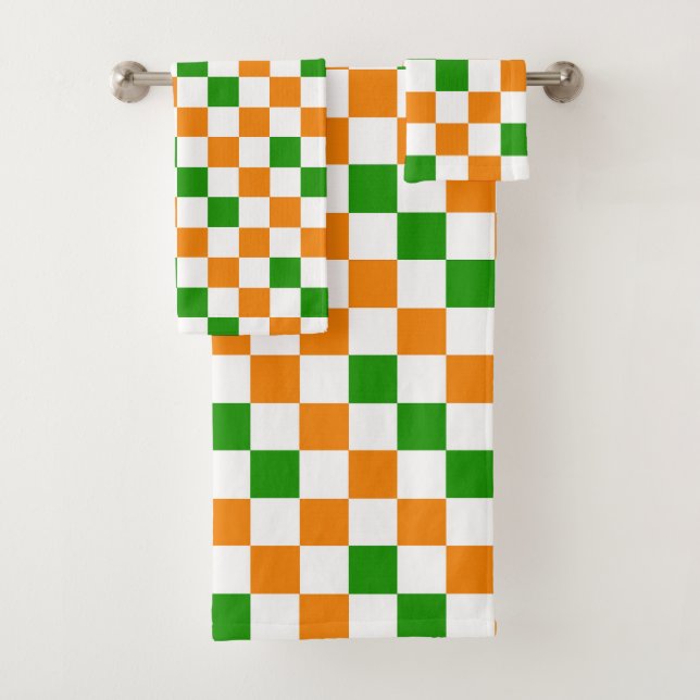 Orange White Green Chequered Pattern Design  Bath Towel Set (Insitu)